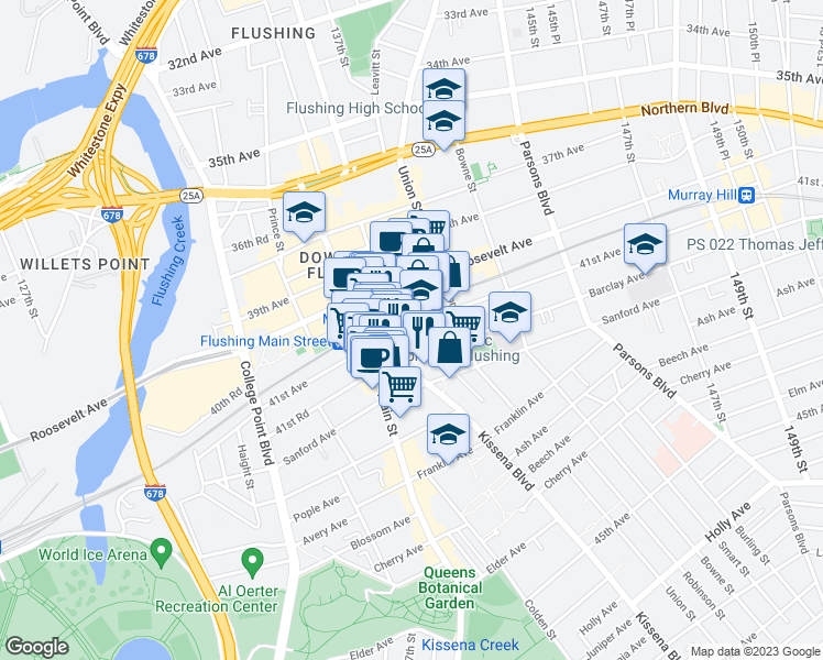 map of restaurants, bars, coffee shops, grocery stores, and more near 138-4 Barclay Avenue in Queens