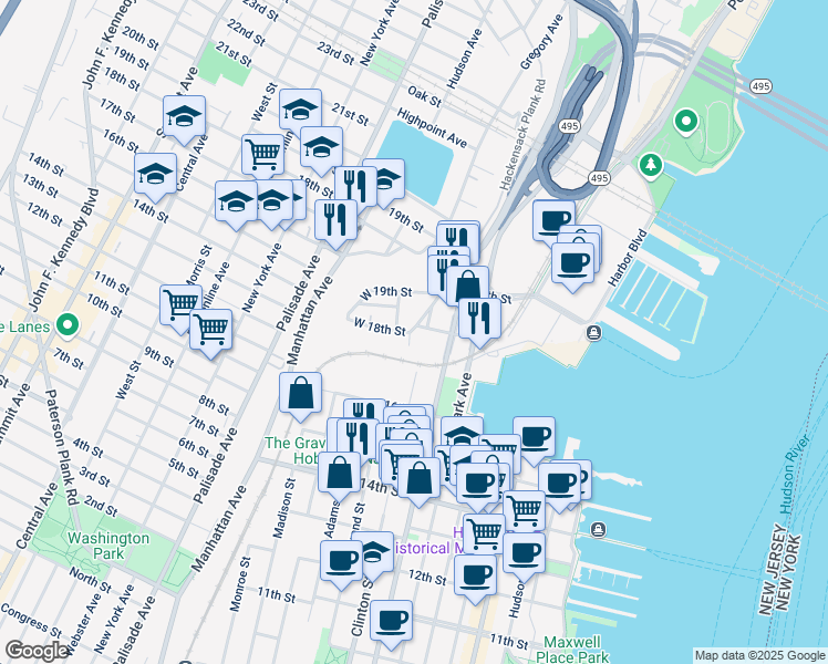 map of restaurants, bars, coffee shops, grocery stores, and more near 1710 Clinton Street in Hoboken