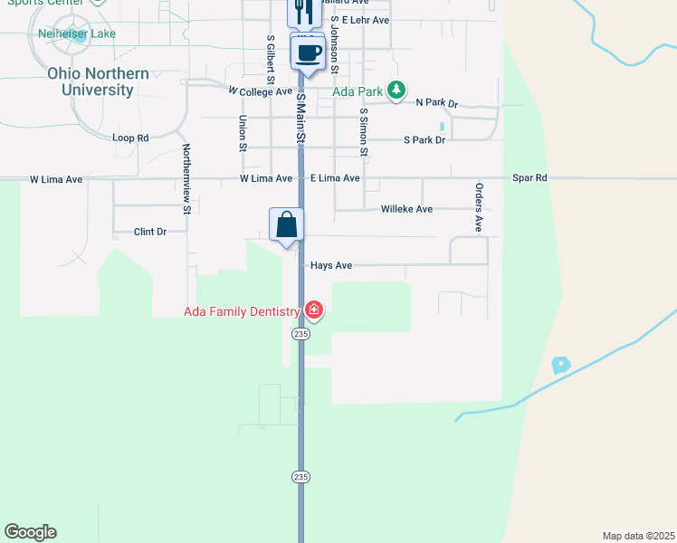 map of restaurants, bars, coffee shops, grocery stores, and more near 207 Hays Avenue in Ada