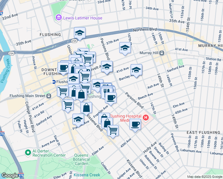 map of restaurants, bars, coffee shops, grocery stores, and more near 143-35 Sanford Avenue in Queens