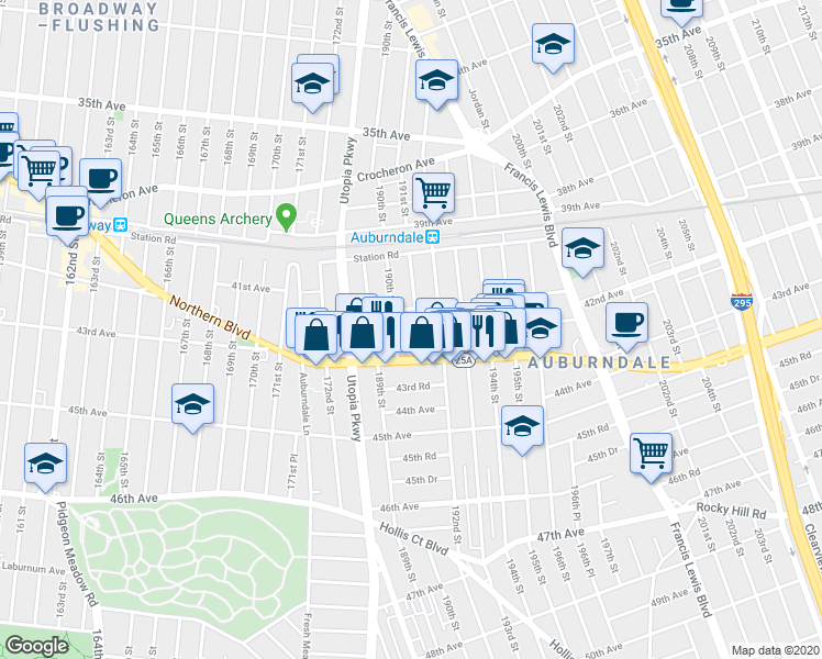 map of restaurants, bars, coffee shops, grocery stores, and more near 42-22 191st Street in Queens