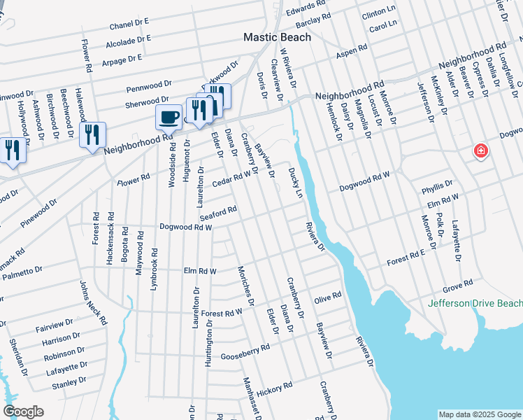 map of restaurants, bars, coffee shops, grocery stores, and more near 132 Diana Drive in Mastic Beach