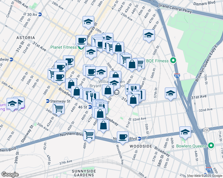 map of restaurants, bars, coffee shops, grocery stores, and more near 30-97 47th Street in Queens