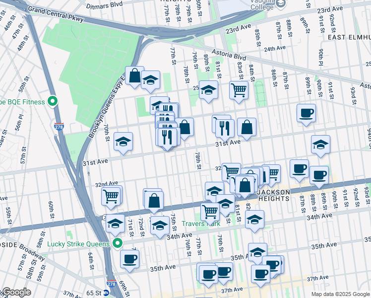 map of restaurants, bars, coffee shops, grocery stores, and more near 31st Avenue & 77th Street in Queens