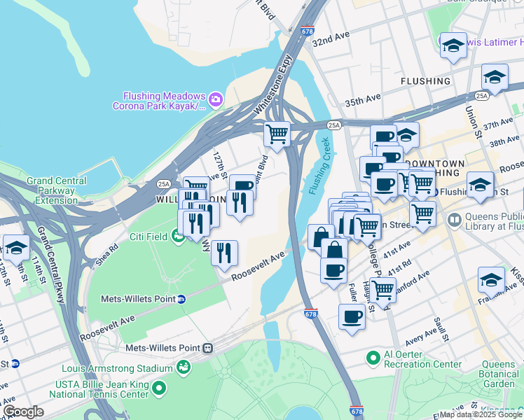 map of restaurants, bars, coffee shops, grocery stores, and more near 127-08 Willets Point Boulevard in Queens