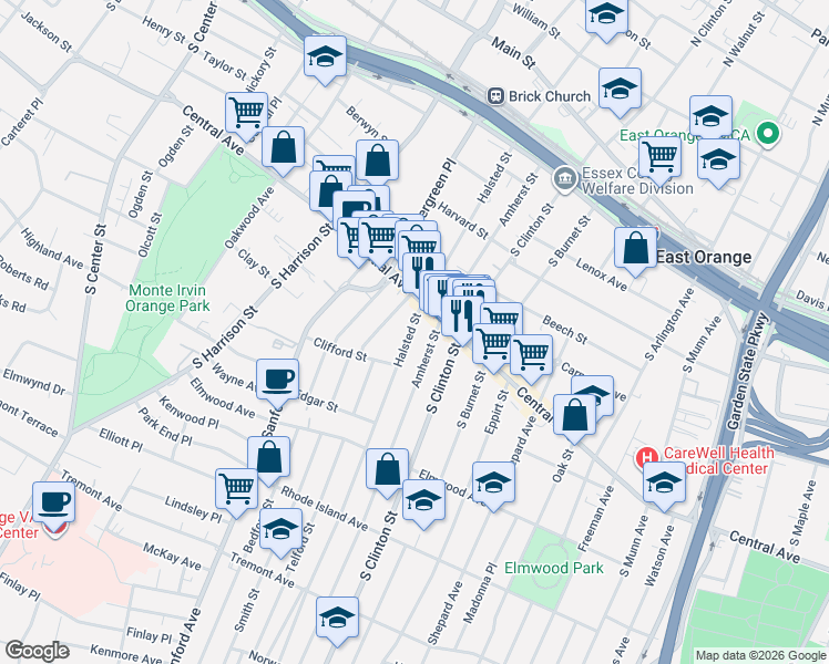map of restaurants, bars, coffee shops, grocery stores, and more near 206 Amherst Street in East Orange