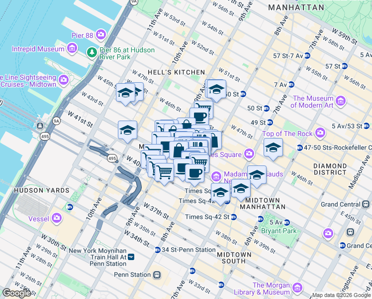 map of restaurants, bars, coffee shops, grocery stores, and more near 319 West 42nd Street in New York
