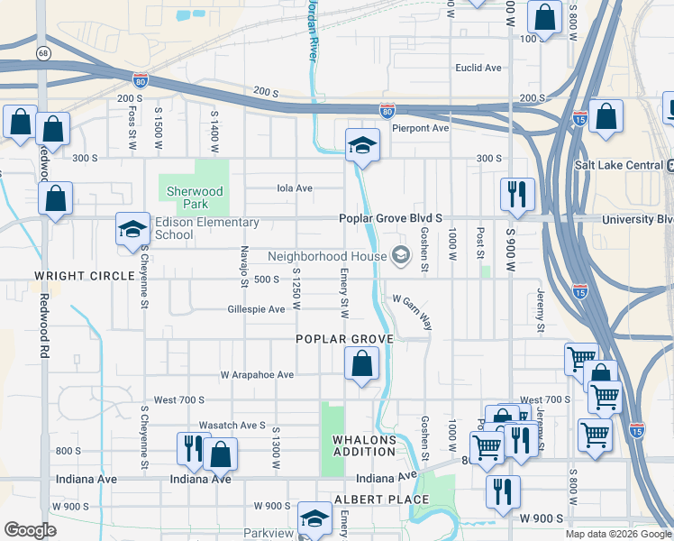 map of restaurants, bars, coffee shops, grocery stores, and more near 480 Emery Street West in Salt Lake City