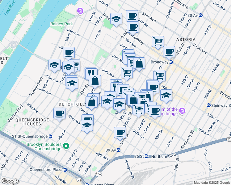 map of restaurants, bars, coffee shops, grocery stores, and more near 3535 24th Street in Queens