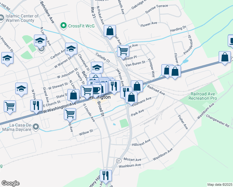 map of restaurants, bars, coffee shops, grocery stores, and more near 111 East Washington Avenue in Washington