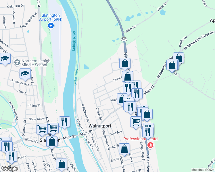 map of restaurants, bars, coffee shops, grocery stores, and more near 314 Spruce Street in Walnutport