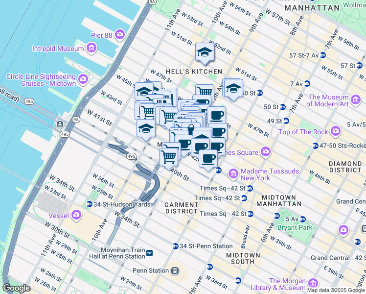 map of restaurants, bars, coffee shops, grocery stores, and more near 587 9th Avenue in New York