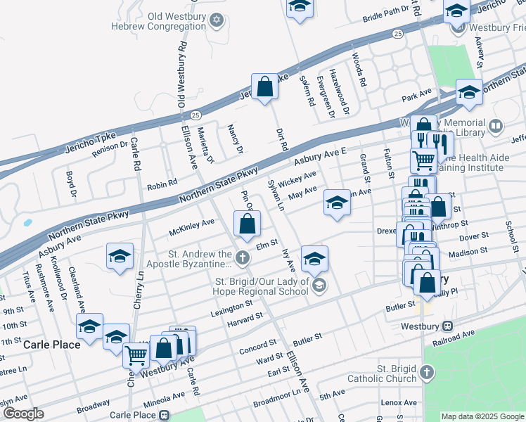 map of restaurants, bars, coffee shops, grocery stores, and more near 351 Ivy Avenue in Westbury