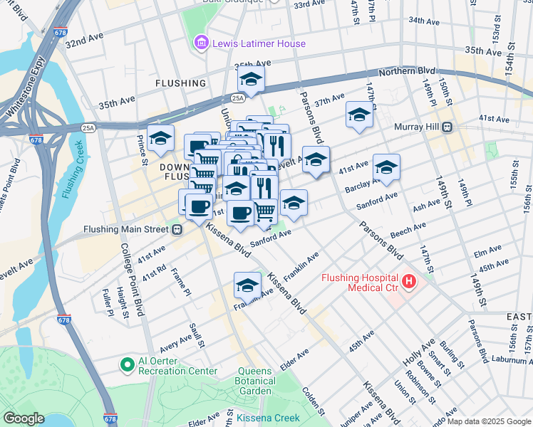 map of restaurants, bars, coffee shops, grocery stores, and more near 142-1 41st Avenue in Queens