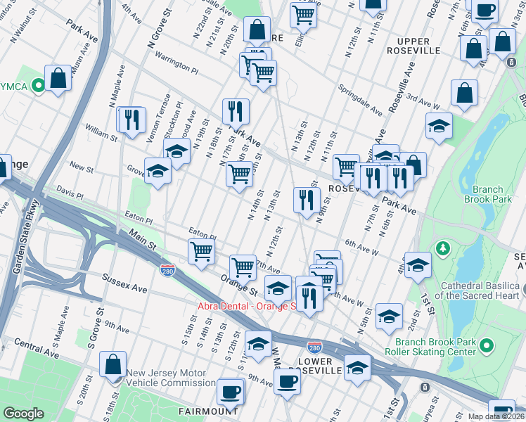 map of restaurants, bars, coffee shops, grocery stores, and more near 104 North 13th Street in Newark
