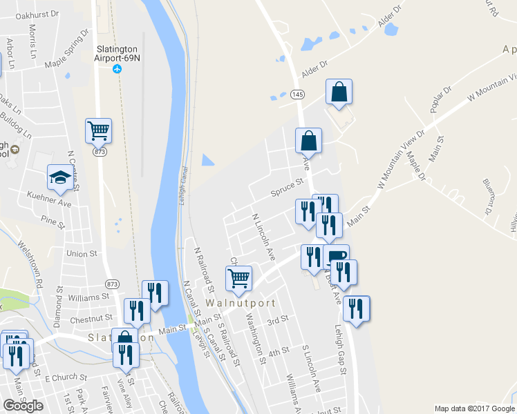 map of restaurants, bars, coffee shops, grocery stores, and more near 314 Spruce Street in Walnutport