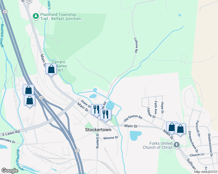 map of restaurants, bars, coffee shops, grocery stores, and more near 216 Lefevre Road in Easton