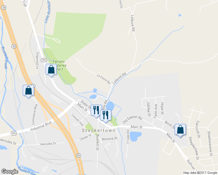 map of restaurants, bars, coffee shops, grocery stores, and more near 216 Lefevre Road in Easton