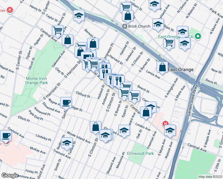 map of restaurants, bars, coffee shops, grocery stores, and more near 500 Central Avenue in East Orange