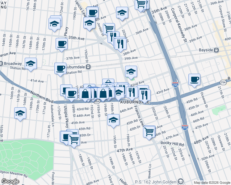 map of restaurants, bars, coffee shops, grocery stores, and more near 195-08 42nd Avenue in Queens
