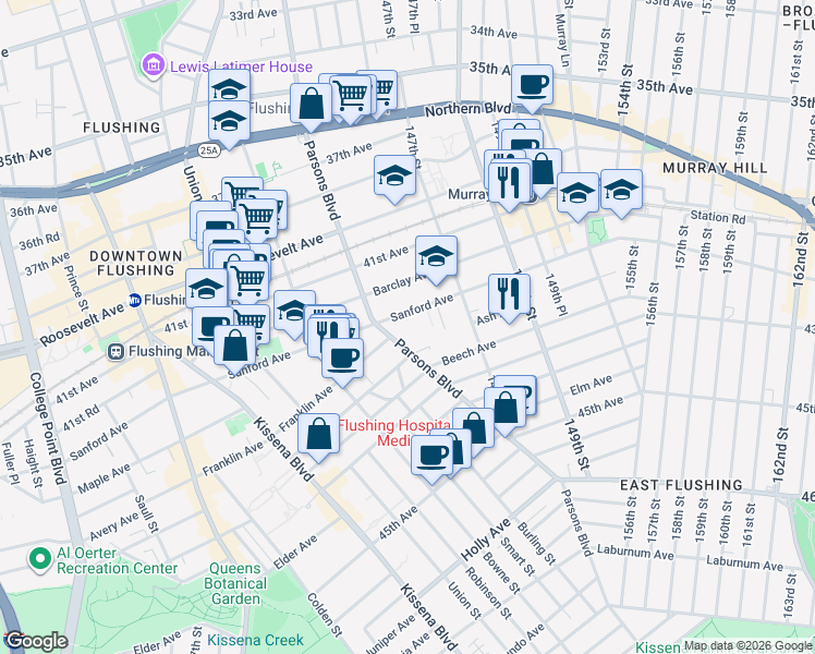 map of restaurants, bars, coffee shops, grocery stores, and more near in Queens