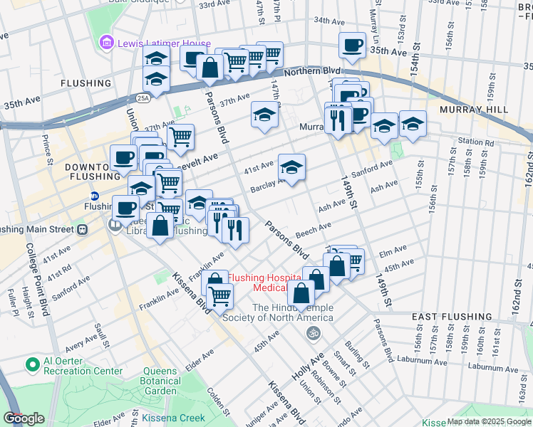 map of restaurants, bars, coffee shops, grocery stores, and more near 41-69 Parsons Boulevard in Queens