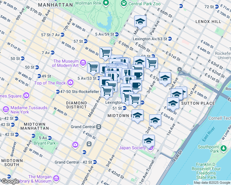 map of restaurants, bars, coffee shops, grocery stores, and more near 370 Park Avenue in New York
