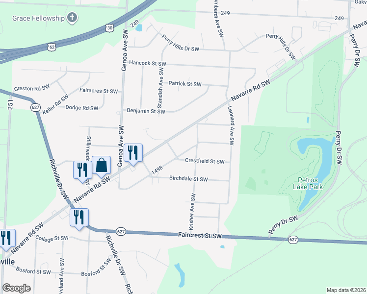 map of restaurants, bars, coffee shops, grocery stores, and more near 5770 Navarre Road Southwest in Canton