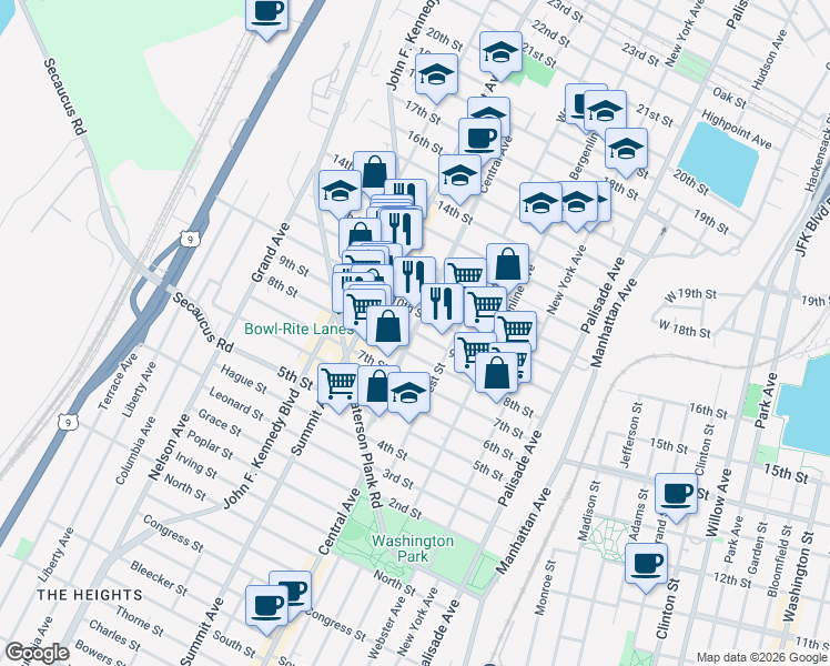 map of restaurants, bars, coffee shops, grocery stores, and more near 708 10th Street in Union City