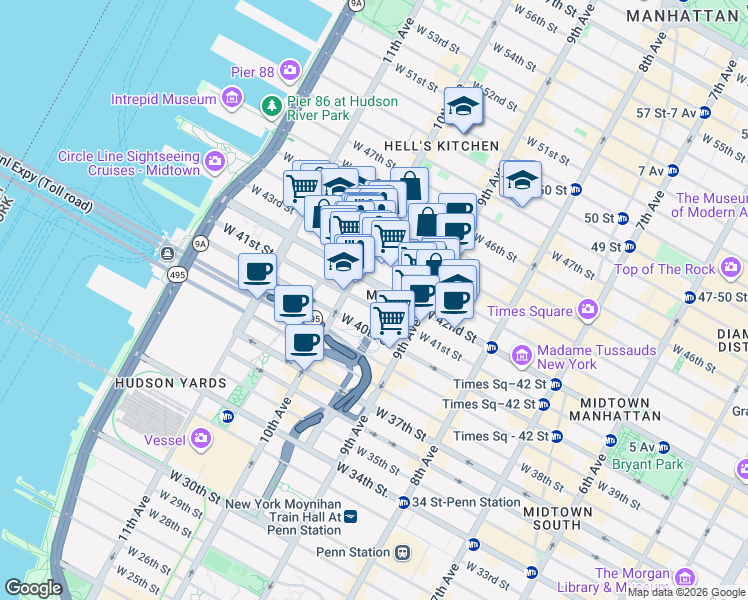 map of restaurants, bars, coffee shops, grocery stores, and more near 450 West 42nd Street in New York