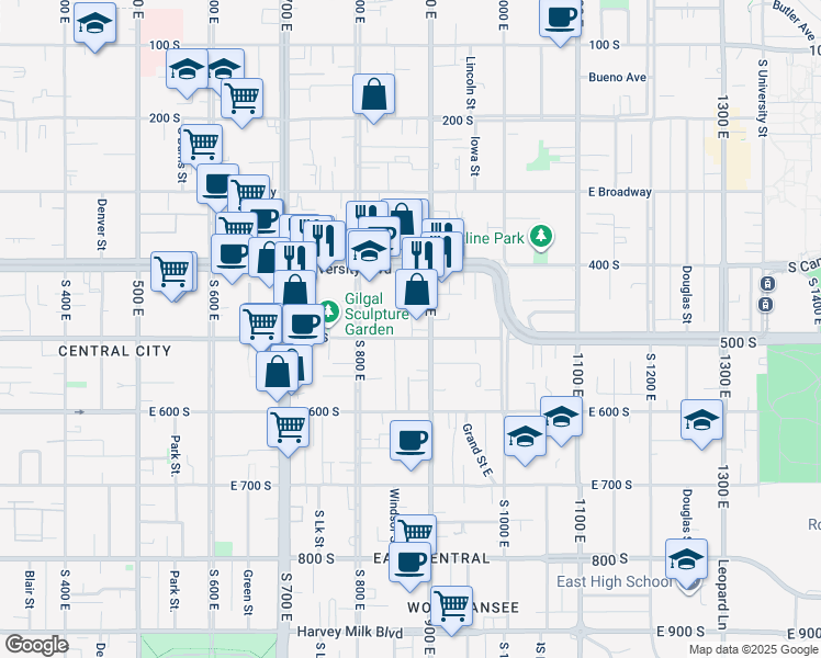 map of restaurants, bars, coffee shops, grocery stores, and more near 865 East 500 South in Salt Lake City