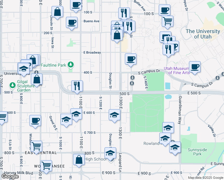 map of restaurants, bars, coffee shops, grocery stores, and more near 441 Douglas Street in Salt Lake City