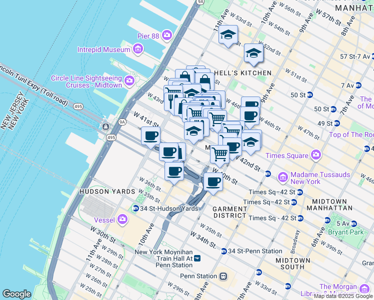 map of restaurants, bars, coffee shops, grocery stores, and more near 555 10th Avenue in New York