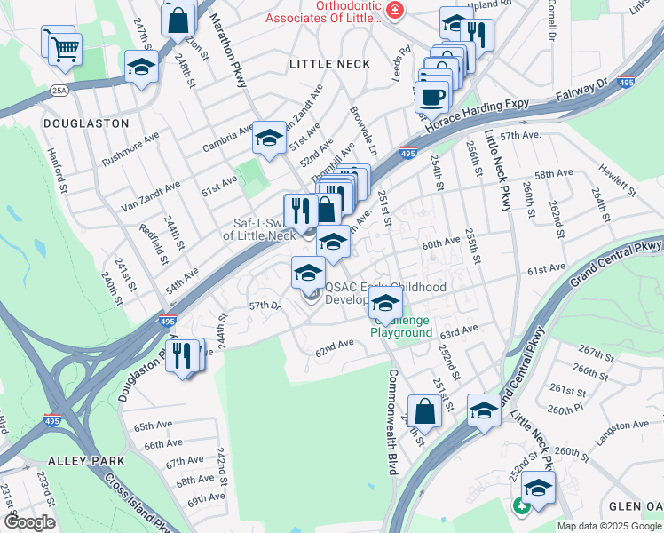 map of restaurants, bars, coffee shops, grocery stores, and more near 57-40 Marathon Parkway in Queens