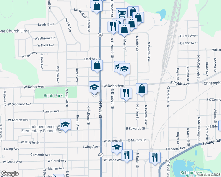 map of restaurants, bars, coffee shops, grocery stores, and more near 100-198 W Robb Ave in Lima