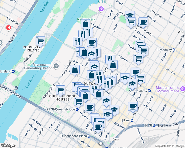 map of restaurants, bars, coffee shops, grocery stores, and more near 12-09 37th Avenue in Queens