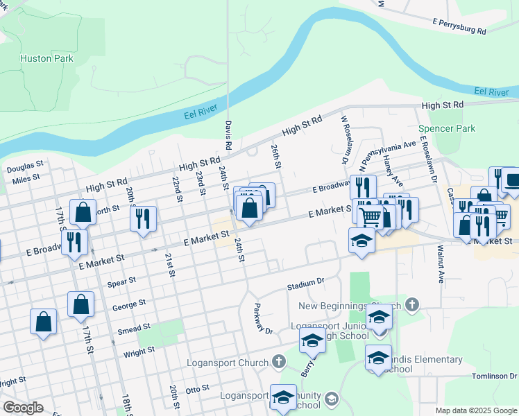 map of restaurants, bars, coffee shops, grocery stores, and more near 2508 E Broadway in Logansport