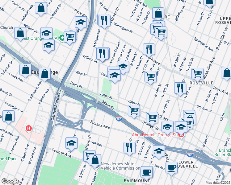 map of restaurants, bars, coffee shops, grocery stores, and more near 65 City Hall Plaza in East Orange