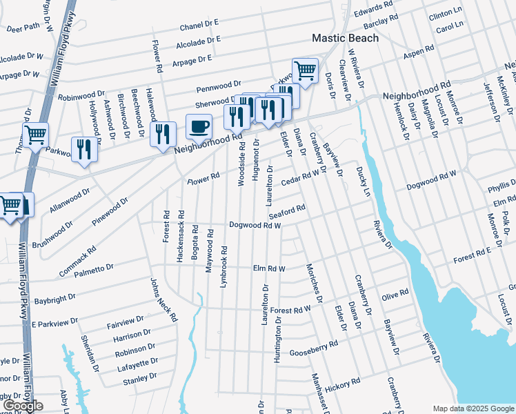 map of restaurants, bars, coffee shops, grocery stores, and more near 159 Huguenot Drive in Mastic Beach