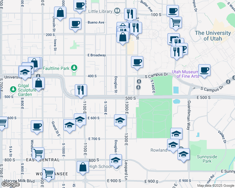 map of restaurants, bars, coffee shops, grocery stores, and more near 441 Douglas Street in Salt Lake City