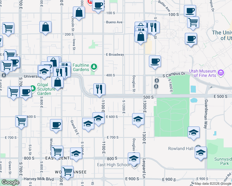 map of restaurants, bars, coffee shops, grocery stores, and more near 453 South 1100 East in Salt Lake City