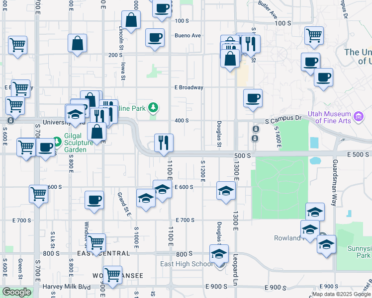 map of restaurants, bars, coffee shops, grocery stores, and more near 453 South 1100 East in Salt Lake City