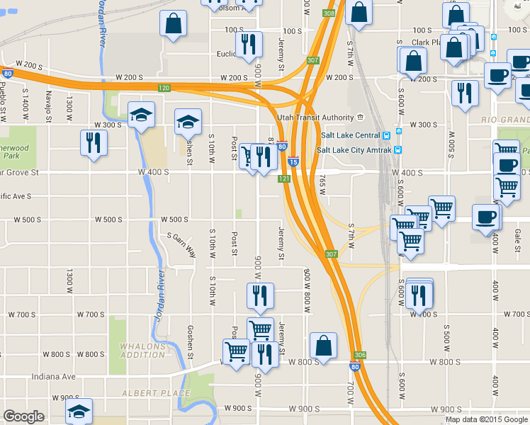 map of restaurants, bars, coffee shops, grocery stores, and more near 877 Pacific Avenue South in Salt Lake City