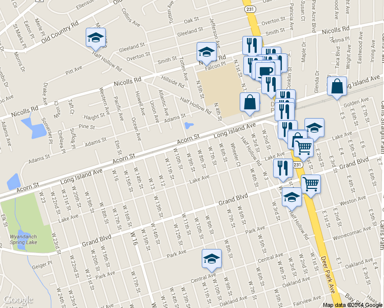 map of restaurants, bars, coffee shops, grocery stores, and more near 10 West 8th Street in Deer Park