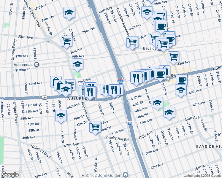 map of restaurants, bars, coffee shops, grocery stores, and more near 42-42 205th Street in Queens