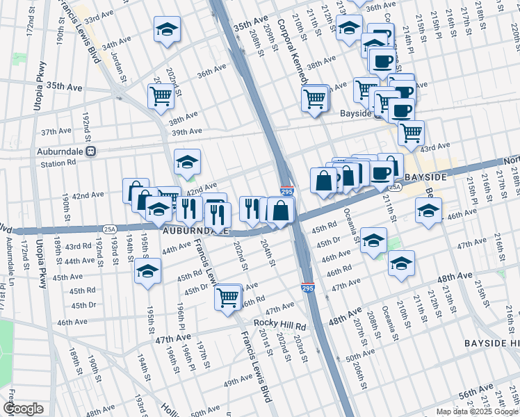 map of restaurants, bars, coffee shops, grocery stores, and more near 42-42 205th Street in Queens
