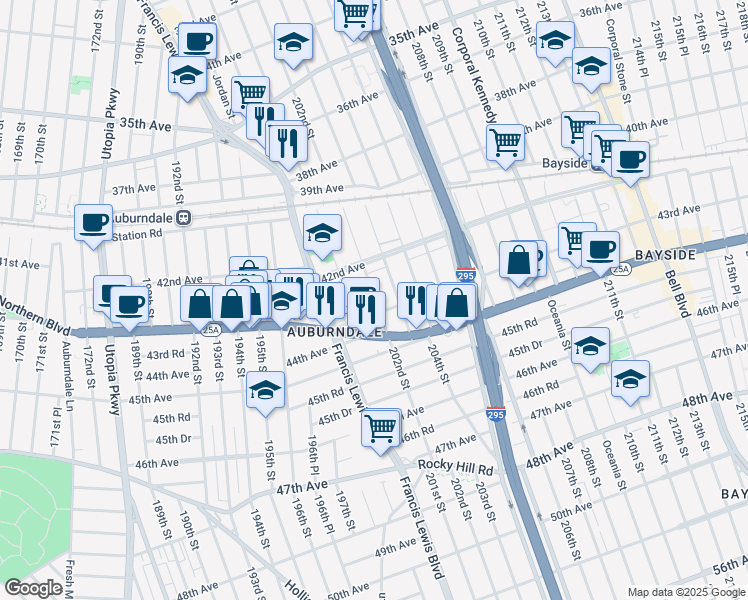 map of restaurants, bars, coffee shops, grocery stores, and more near 42-16 202nd Street in Queens