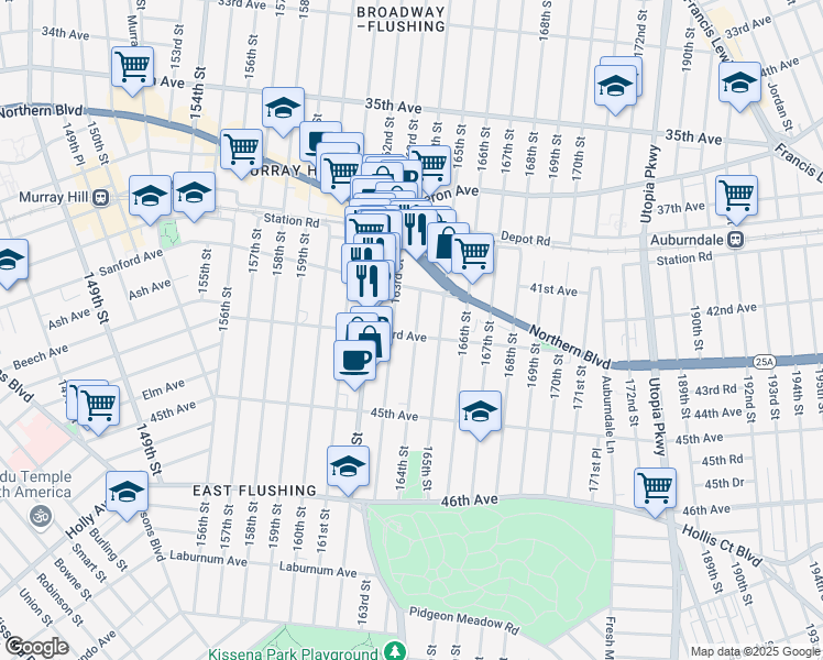map of restaurants, bars, coffee shops, grocery stores, and more near 42-17 163rd Street in Queens