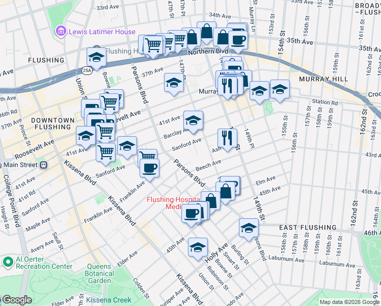 map of restaurants, bars, coffee shops, grocery stores, and more near 144-80 Sanford Avenue in Queens