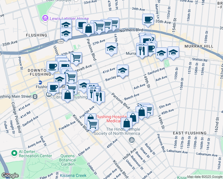 map of restaurants, bars, coffee shops, grocery stores, and more near in Queens